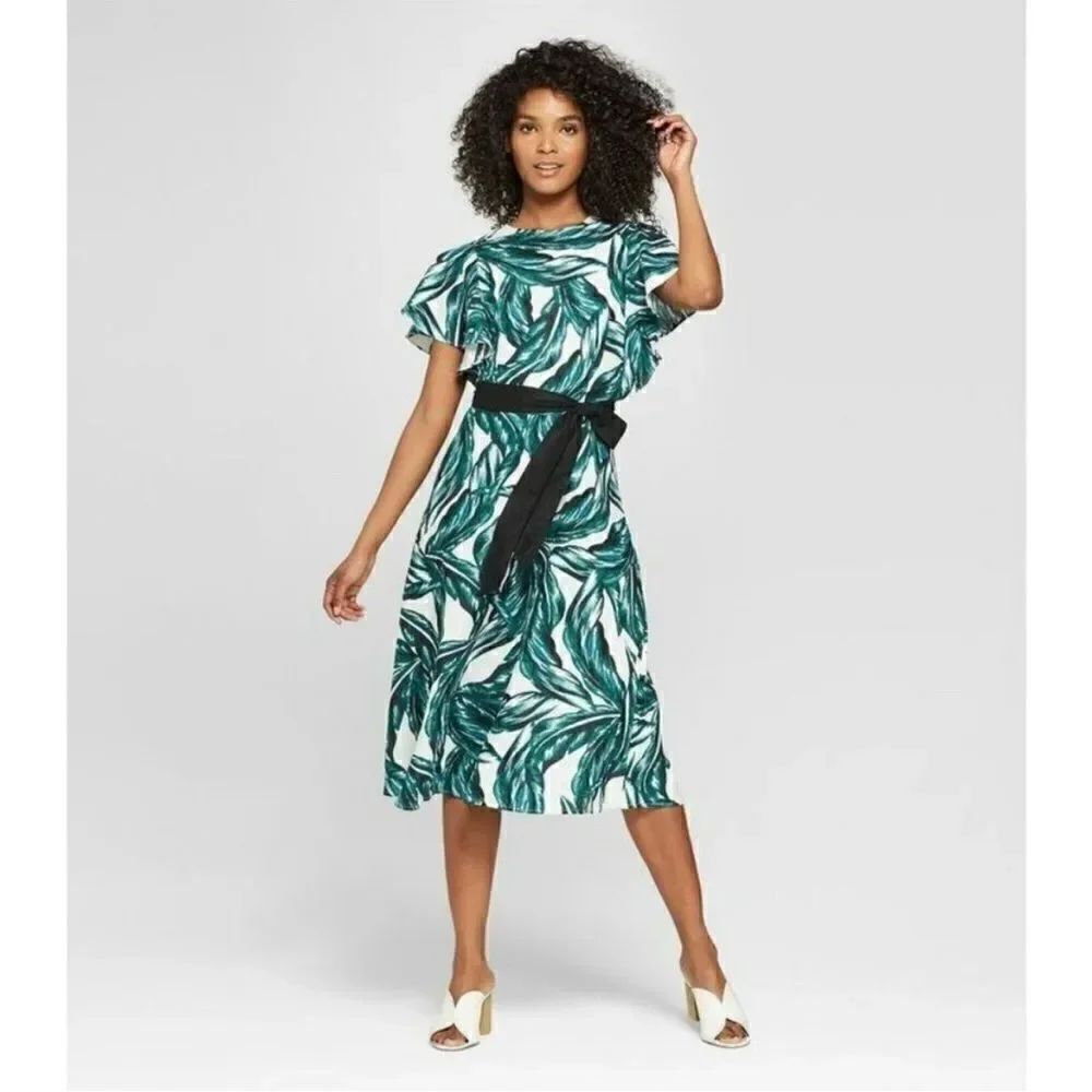 Who What Wear Linen Blend Palm Print TropicalโMidiโDressโXS
